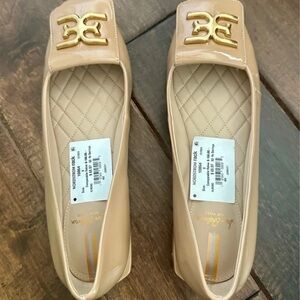Sam Edelman Nude Patent Leather Loafers with Gold Logo Accent